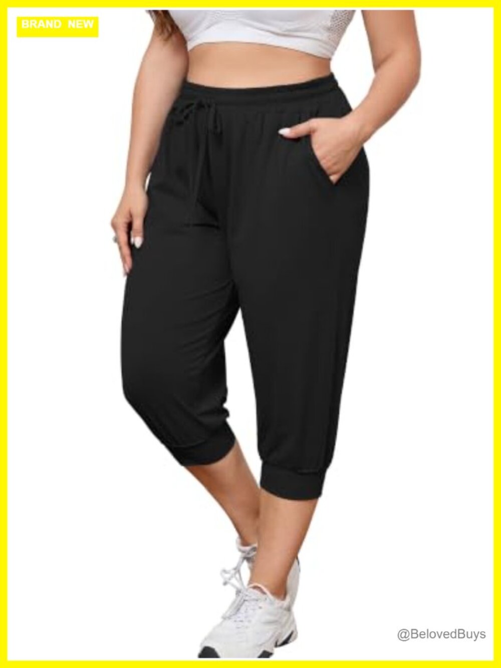 Plus Size Capri Joggers High Waist Drawstring Pockets Stretch Cropped Pants